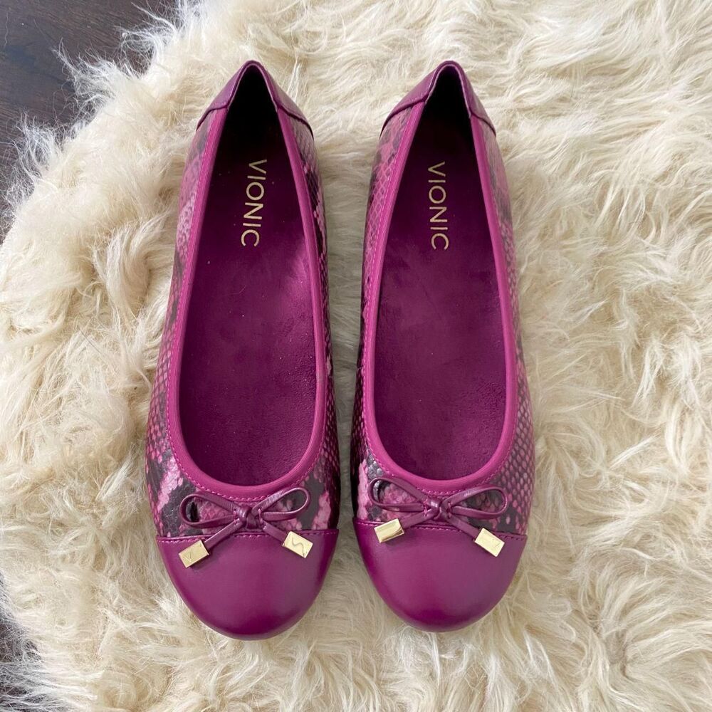Vionic Minna Berry Purple Leather Bow Detail Ballerina Ballet Flats US 7